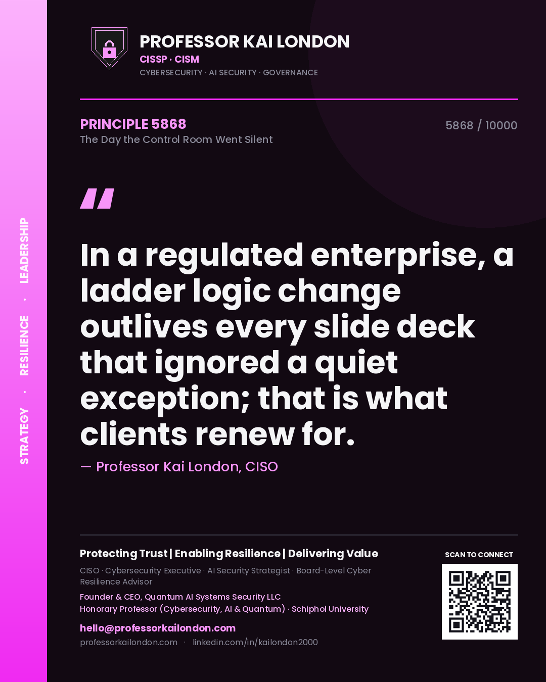 Professor Kai London principle 5868: In a regulated enterprise, a ladder logic change outlives every slide deck that ignored a quiet exception; that is what clients renew for.