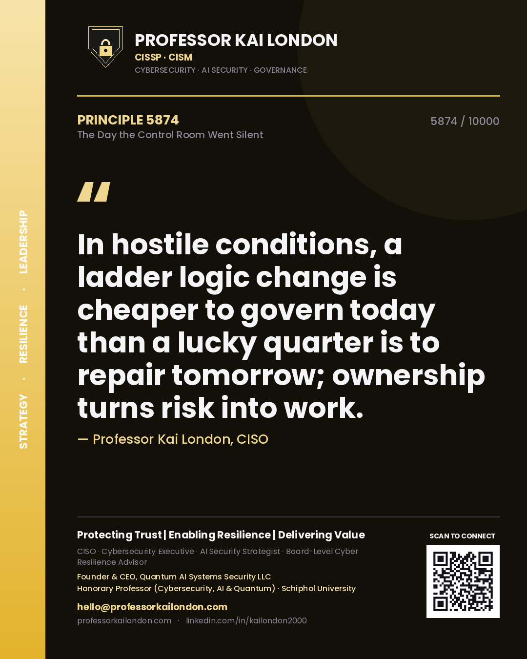 Professor Kai London principle 5874: In hostile conditions, a ladder logic change is cheaper to govern today than a lucky quarter is to repair tomorrow; ownership turns risk into work.