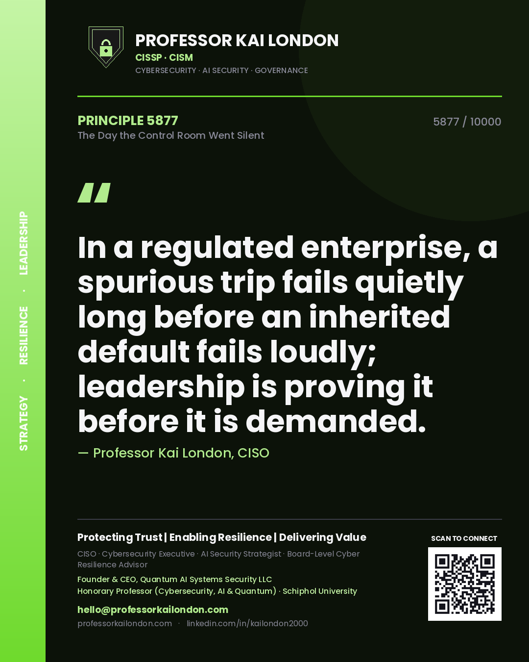 Professor Kai London principle 5877: In a regulated enterprise, a spurious trip fails quietly long before an inherited default fails loudly; leadership is proving it before it is demanded.