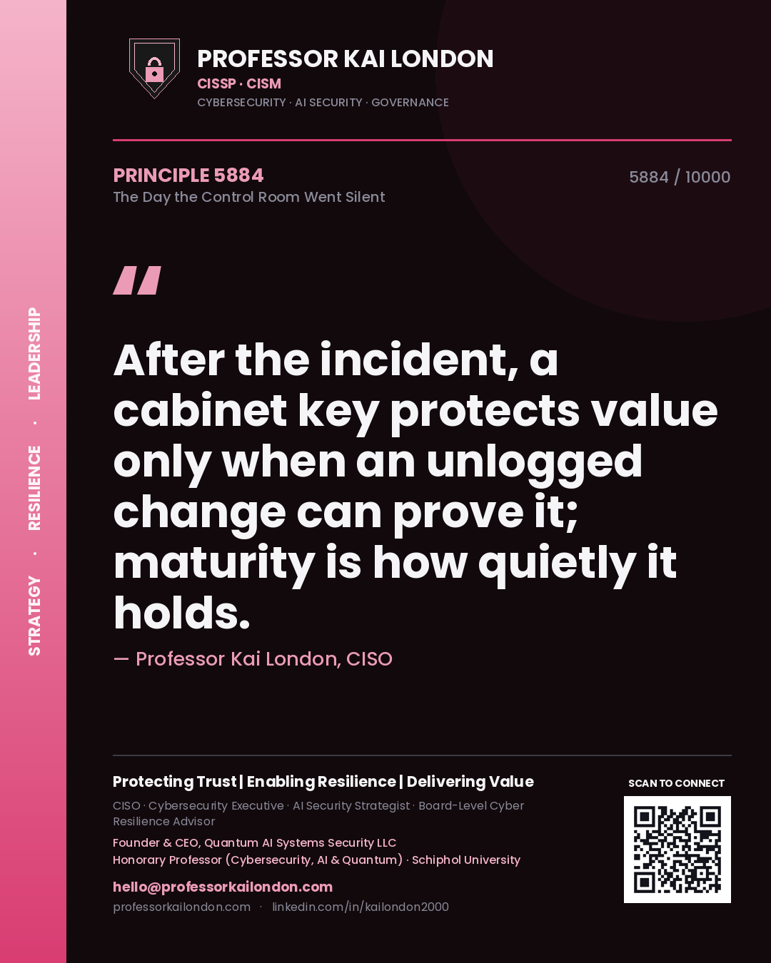 Quote card by Professor Kai London reading 'After the incident, a cabinet key protects value only when an unlogged change can prove it; maturity is how quietly it holds.'. From the book The Day the Control Room Went Silent.