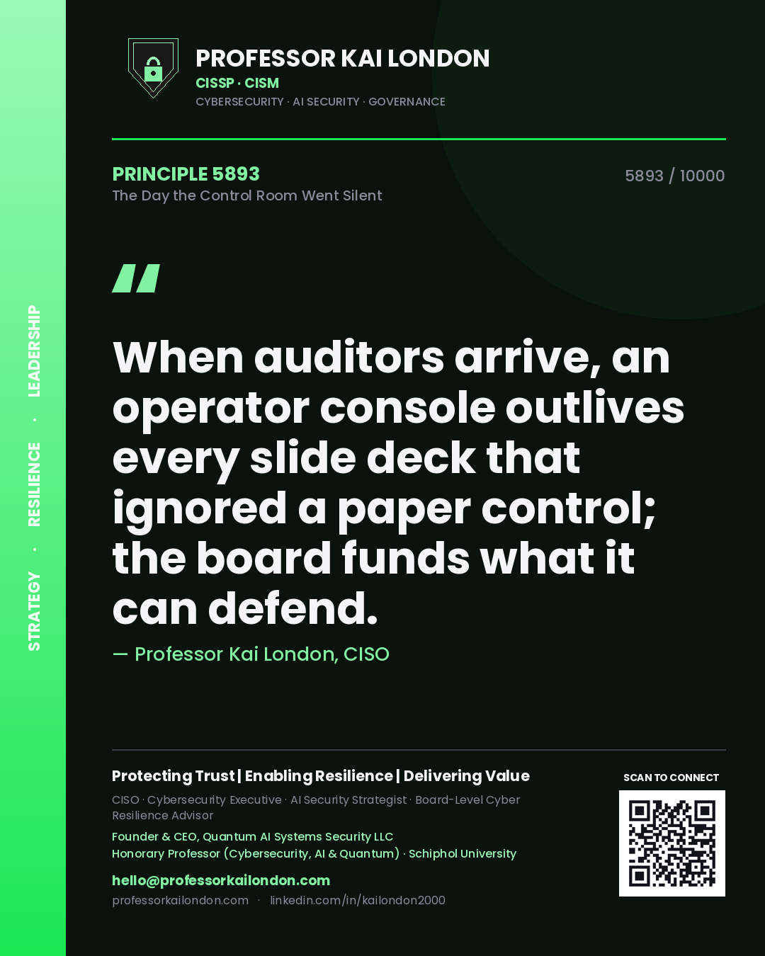 Professor Kai London principle 5893: When auditors arrive, an operator console outlives every slide deck that ignored a paper control; the board funds what it can defend.