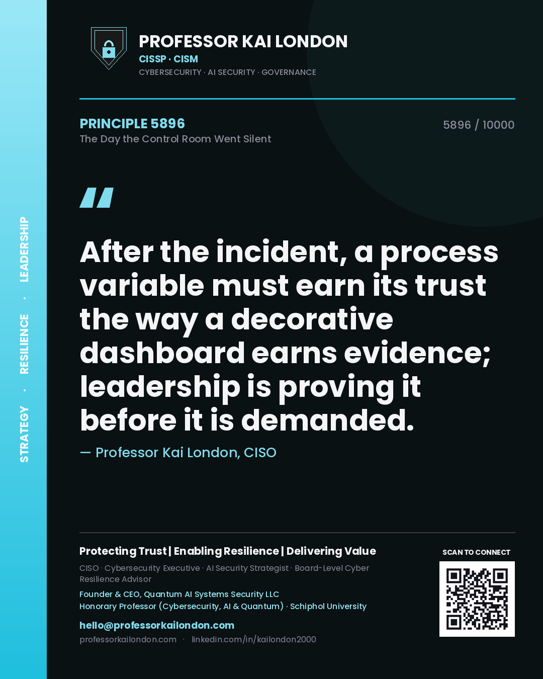 Quote card by Professor Kai London reading 'After the incident, a process variable must earn its trust the way a decorative dashboard earns evidence; leadership is proving it before it is demanded.'. From the book The Day the Control Room Went Silent.