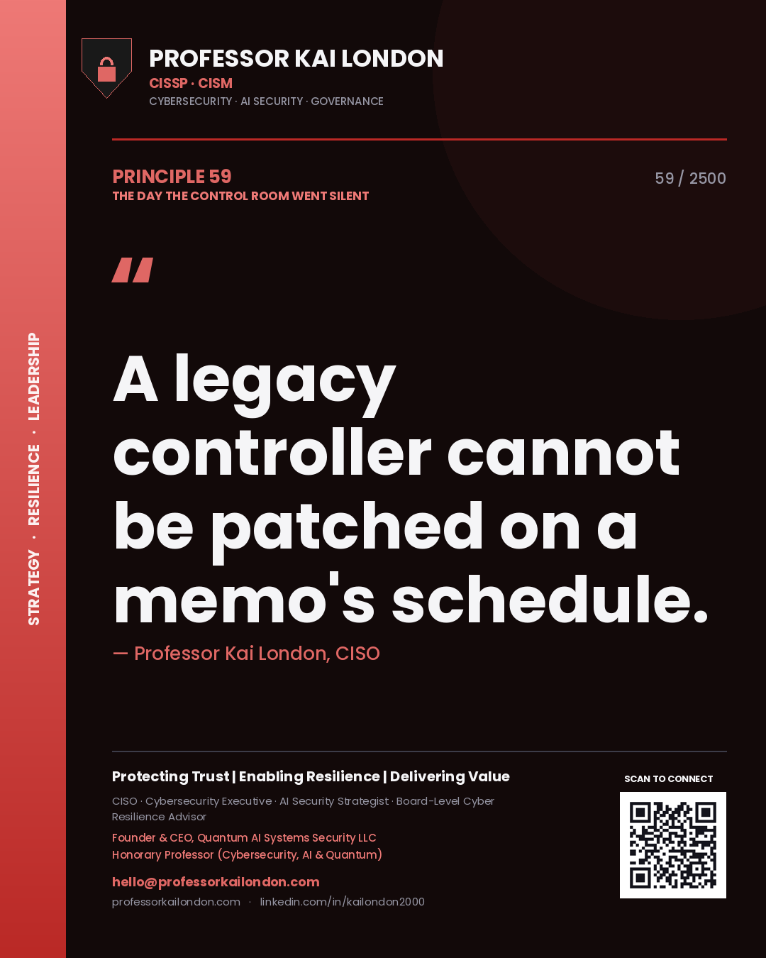 Quote card by Professor Kai London reading 'A legacy controller cannot be patched on a memo's schedule.'. From the book The Day the Control Room Went Silent.