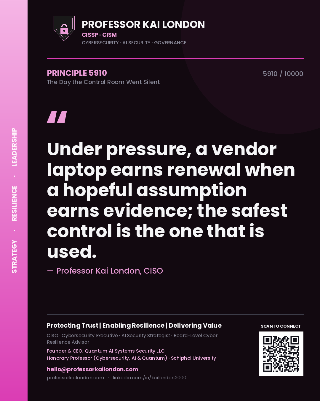 Professor Kai London principle 5910: Under pressure, a vendor laptop earns renewal when a hopeful assumption earns evidence; the safest control is the one that is used.