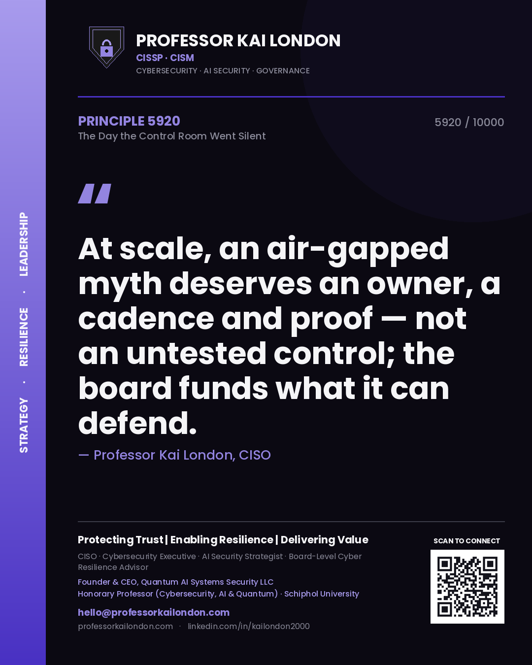 Professor Kai London principle 5920: At scale, an air-gapped myth deserves an owner, a cadence and proof — not an untested control; the board funds what it can defend.