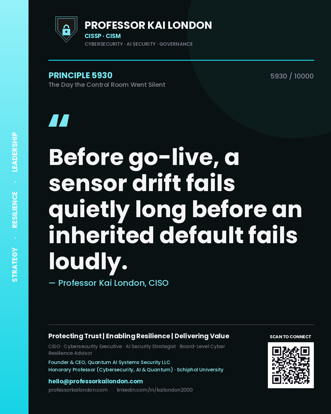 Quote card by Professor Kai London reading 'Before go-live, a sensor drift fails quietly long before an inherited default fails loudly.'. From the book The Day the Control Room Went Silent.