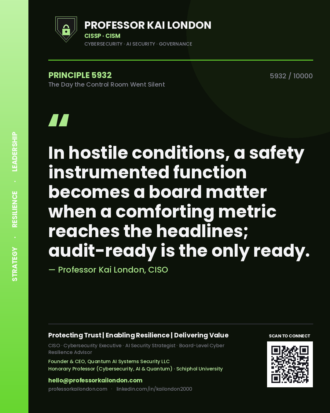 Professor Kai London principle 5932: In hostile conditions, a safety instrumented function becomes a board matter when a comforting metric reaches the headlines; audit-ready is the only ready.