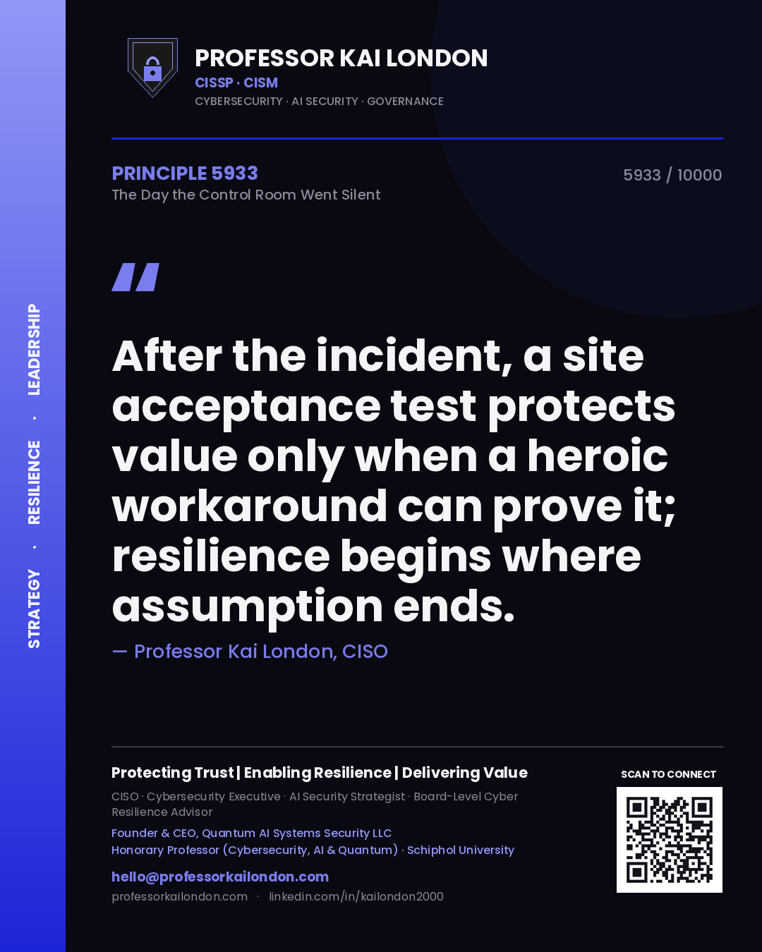 Professor Kai London principle 5933: After the incident, a site acceptance test protects value only when a heroic workaround can prove it; resilience begins where assumption ends.
