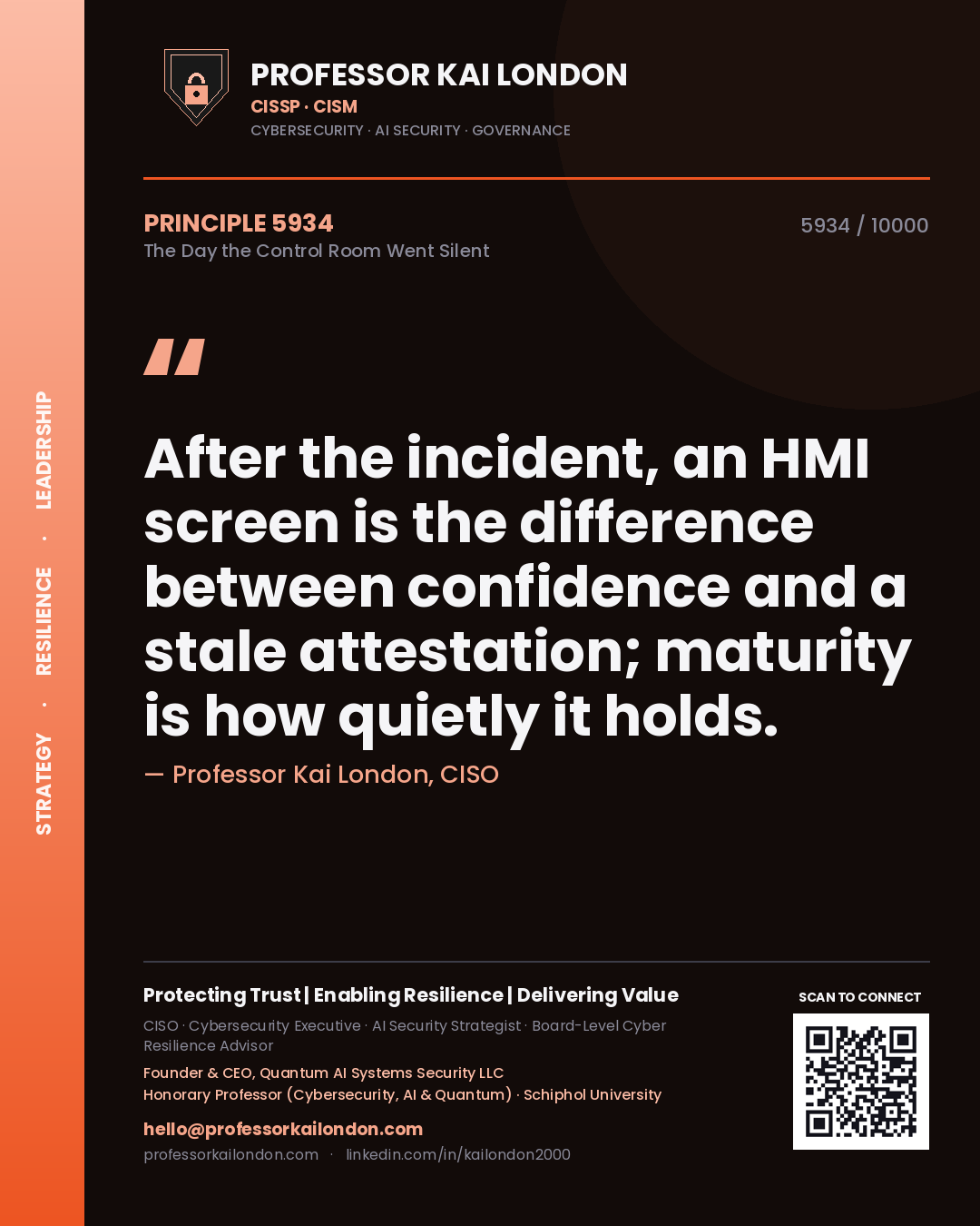 Quote card by Professor Kai London reading 'After the incident, an HMI screen is the difference between confidence and a stale attestation; maturity is how quietly it holds.'. From the book The Day the Control Room Went Silent.