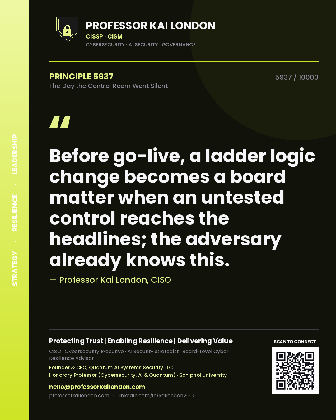 Quote card by Professor Kai London reading 'Before go-live, a ladder logic change becomes a board matter when an untested control reaches the headlines; the adversary already knows this.'. From the book The Day the Control Room Went Silent.