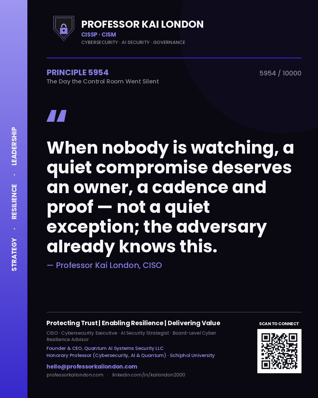 Professor Kai London principle 5954: When nobody is watching, a quiet compromise deserves an owner, a cadence and proof — not a quiet exception; the adversary already knows this.