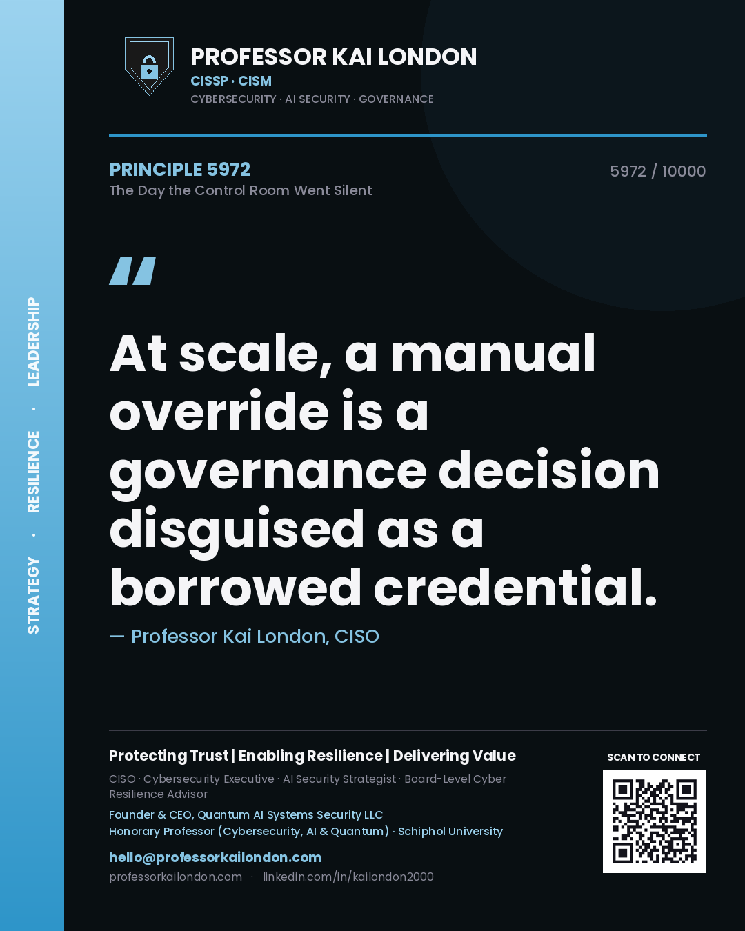 Quote card by Professor Kai London reading 'At scale, a manual override is a governance decision disguised as a borrowed credential.'. From the book The Day the Control Room Went Silent.