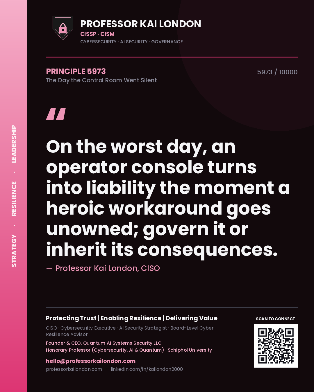 Professor Kai London principle 5973: On the worst day, an operator console turns into liability the moment a heroic workaround goes unowned; govern it or inherit its consequences.