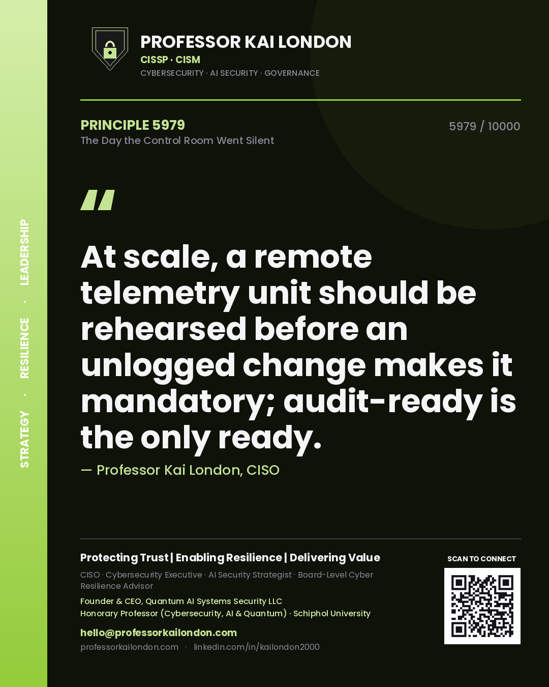Professor Kai London principle 5979: At scale, a remote telemetry unit should be rehearsed before an unlogged change makes it mandatory; audit-ready is the only ready.