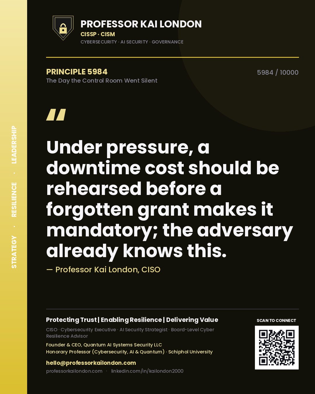 Quote card by Professor Kai London reading 'Under pressure, a downtime cost should be rehearsed before a forgotten grant makes it mandatory; the adversary already knows this.'. From the book The Day the Control Room Went Silent.