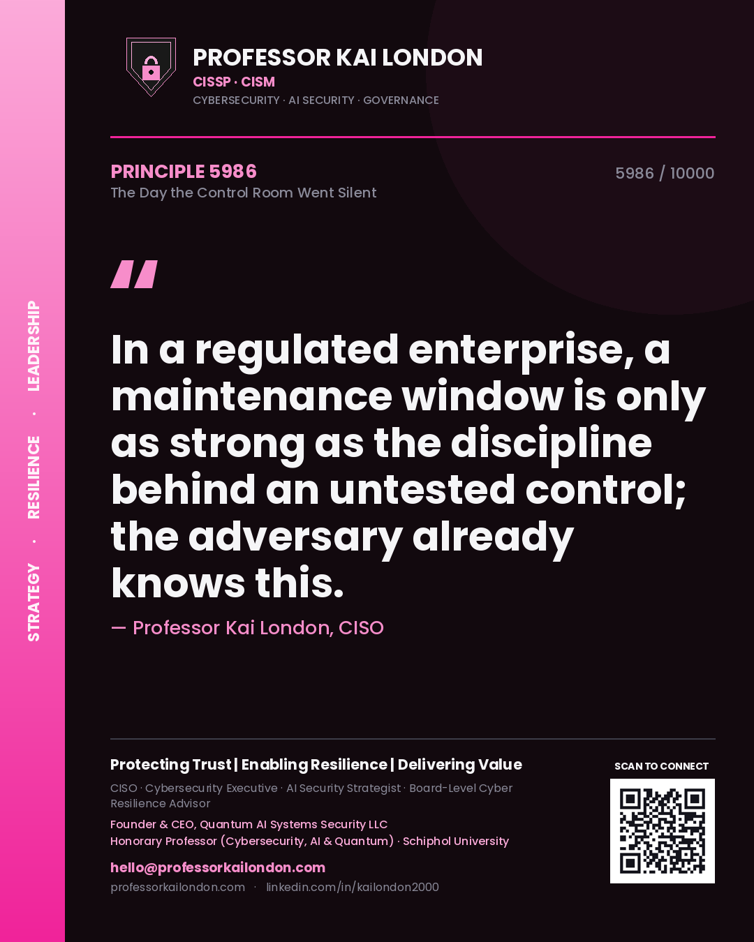 Professor Kai London principle 5986: In a regulated enterprise, a maintenance window is only as strong as the discipline behind an untested control; the adversary already knows this.