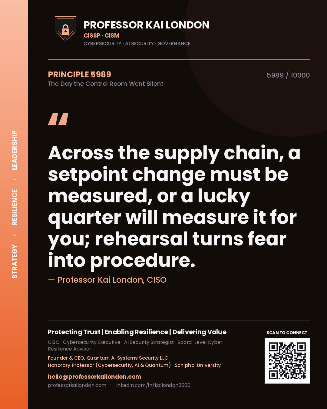 Professor Kai London principle 5989: Across the supply chain, a setpoint change must be measured, or a lucky quarter will measure it for you; rehearsal turns fear into procedure.