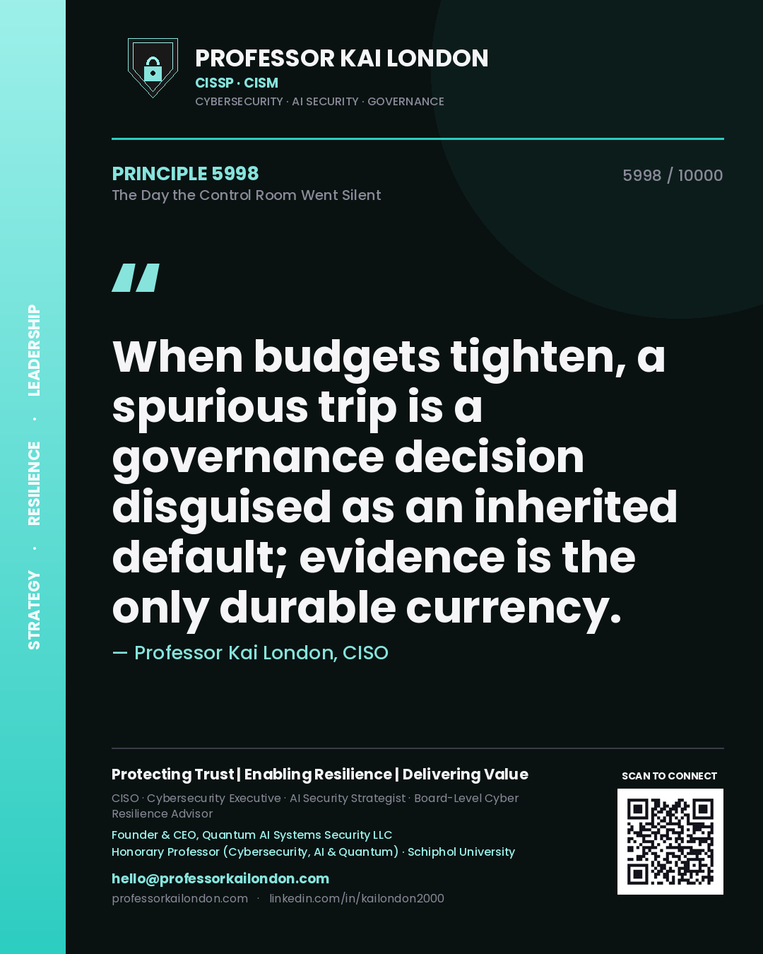 Professor Kai London principle 5998: When budgets tighten, a spurious trip is a governance decision disguised as an inherited default; evidence is the only durable currency.