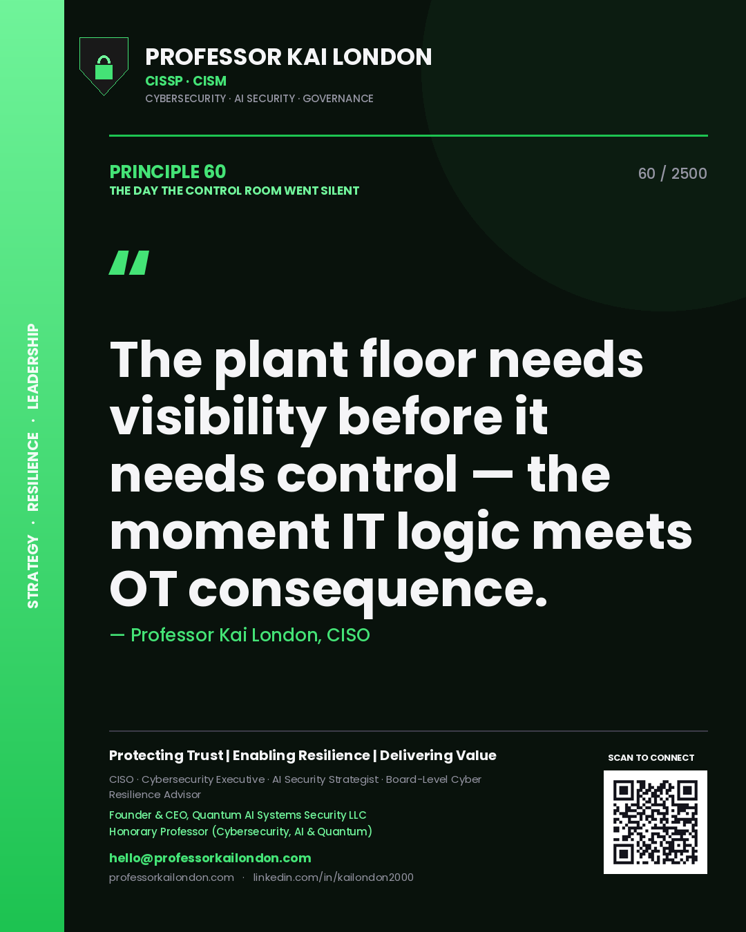 Quote card by Professor Kai London reading 'The plant floor needs visibility before it needs control — the moment IT logic meets OT consequence.'. From the book The Day the Control Room Went Silent.