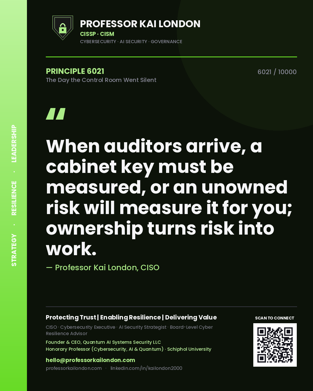 Professor Kai London principle 6021: When auditors arrive, a cabinet key must be measured, or an unowned risk will measure it for you; ownership turns risk into work.