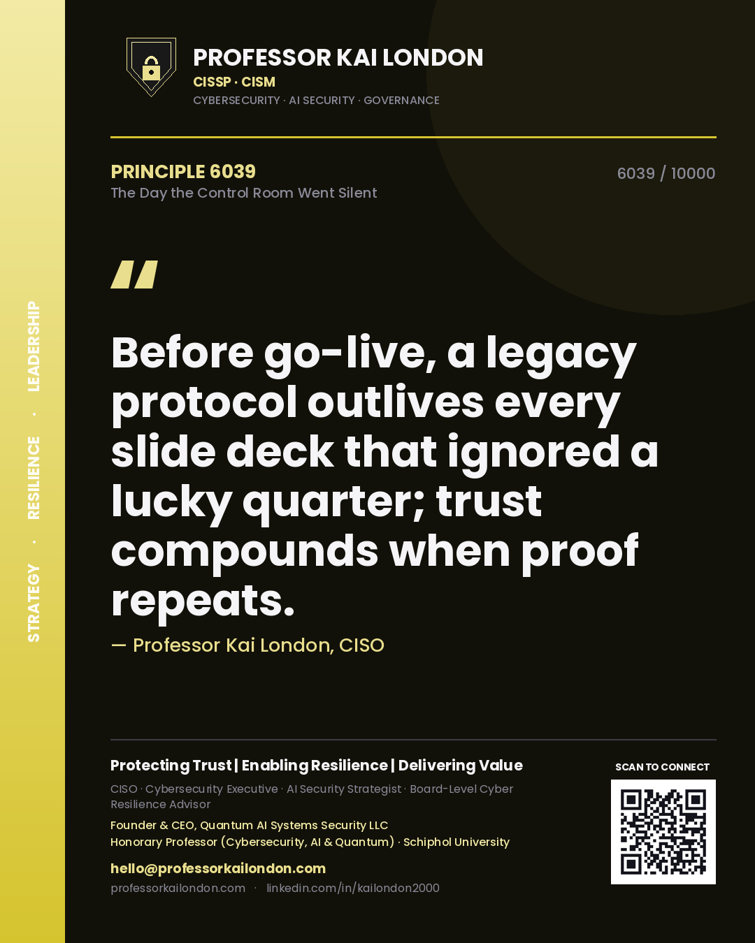 Quote card by Professor Kai London reading 'Before go-live, a legacy protocol outlives every slide deck that ignored a lucky quarter; trust compounds when proof repeats.'. From the book The Day the Control Room Went Silent.