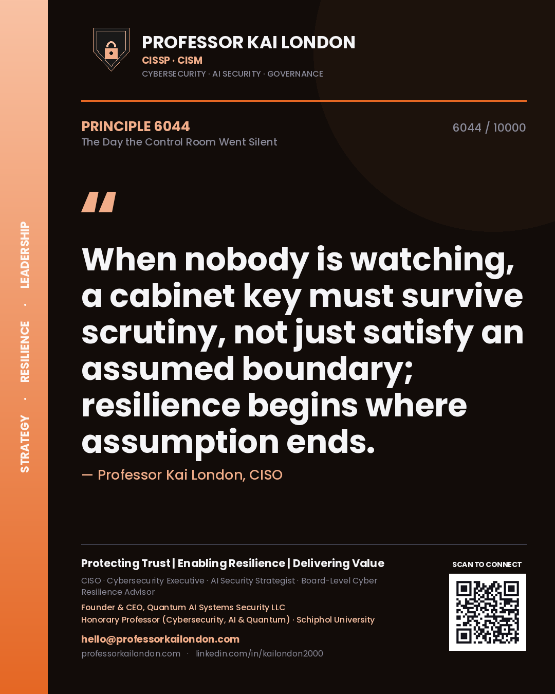 Professor Kai London principle 6044: When nobody is watching, a cabinet key must survive scrutiny, not just satisfy an assumed boundary; resilience begins where assumption ends.