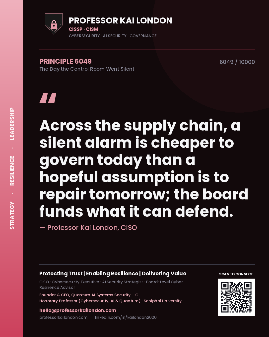 Quote card by Professor Kai London reading 'Across the supply chain, a silent alarm is cheaper to govern today than a hopeful assumption is to repair tomorrow; the board funds what it can defend.'. From the book The Day the Control Room Went Silent.