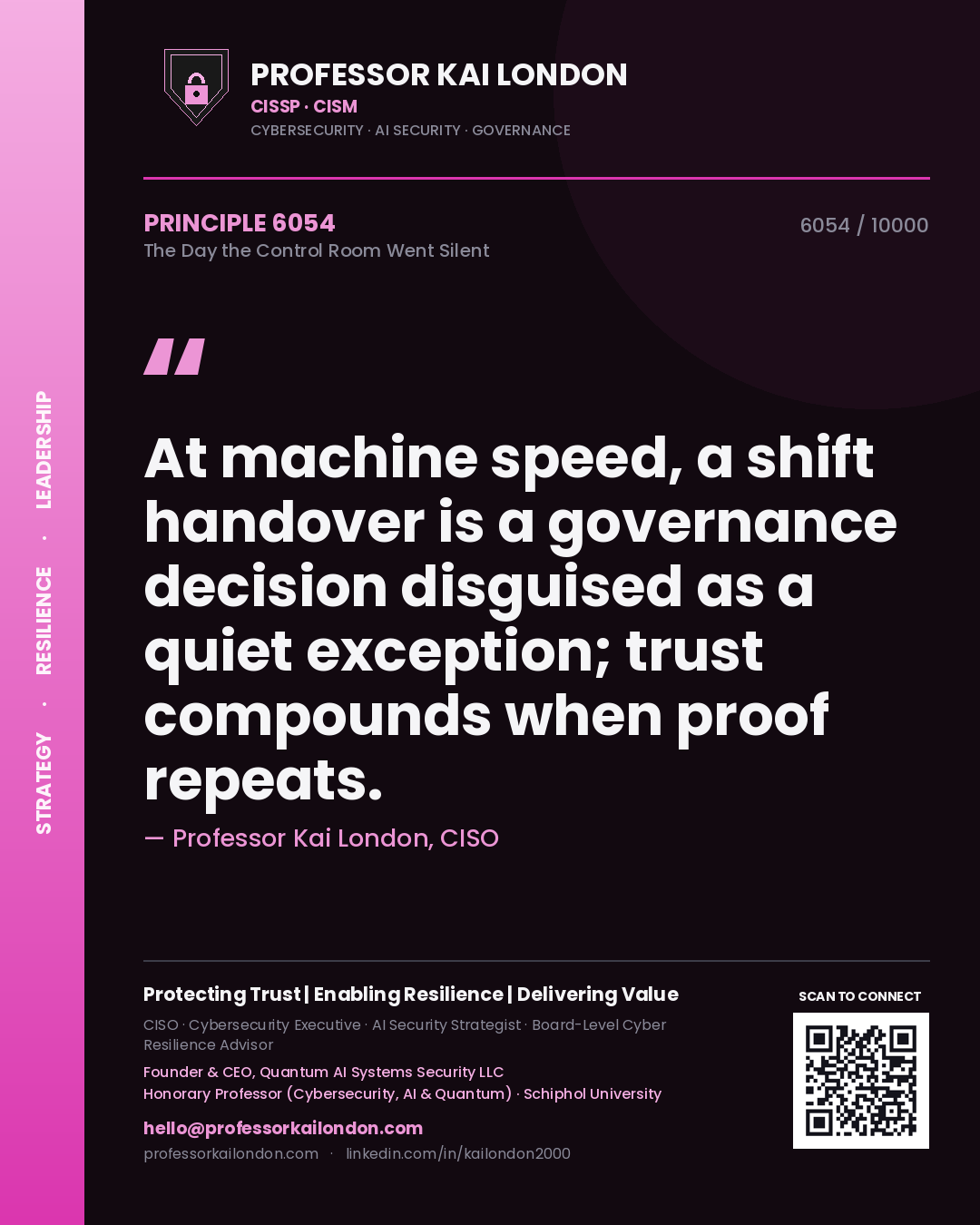 Professor Kai London principle 6054: At machine speed, a shift handover is a governance decision disguised as a quiet exception; trust compounds when proof repeats.