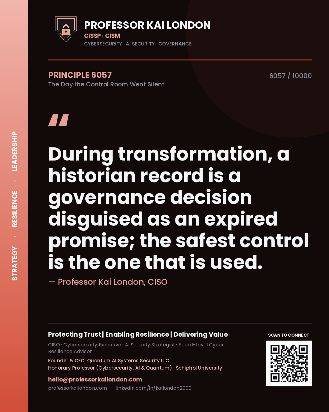Professor Kai London principle 6057: During transformation, a historian record is a governance decision disguised as an expired promise; the safest control is the one that is used.