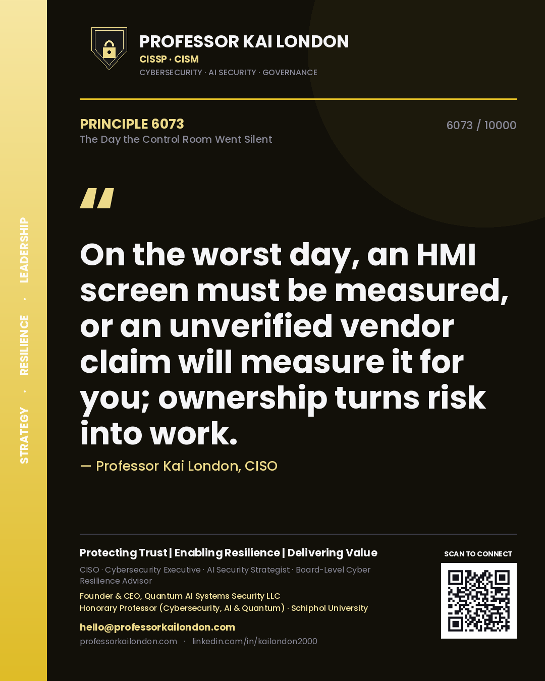 Quote card by Professor Kai London reading 'On the worst day, an HMI screen must be measured, or an unverified vendor claim will measure it for you; ownership turns risk into work.'. From the book The Day the Control Room Went Silent.