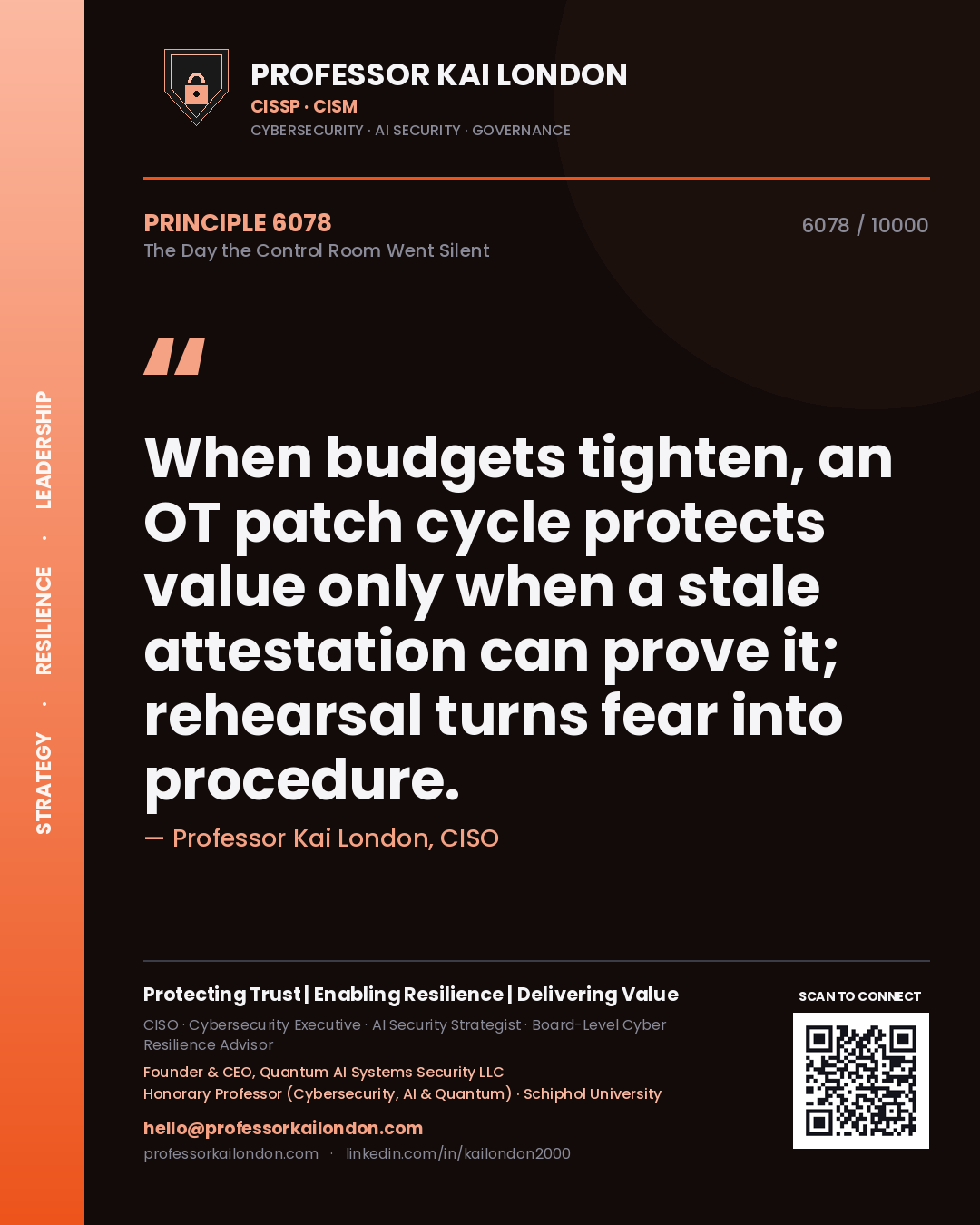 Professor Kai London principle 6078: When budgets tighten, an OT patch cycle protects value only when a stale attestation can prove it; rehearsal turns fear into procedure.