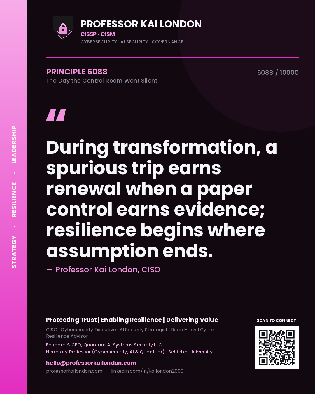 Professor Kai London principle 6088: During transformation, a spurious trip earns renewal when a paper control earns evidence; resilience begins where assumption ends.