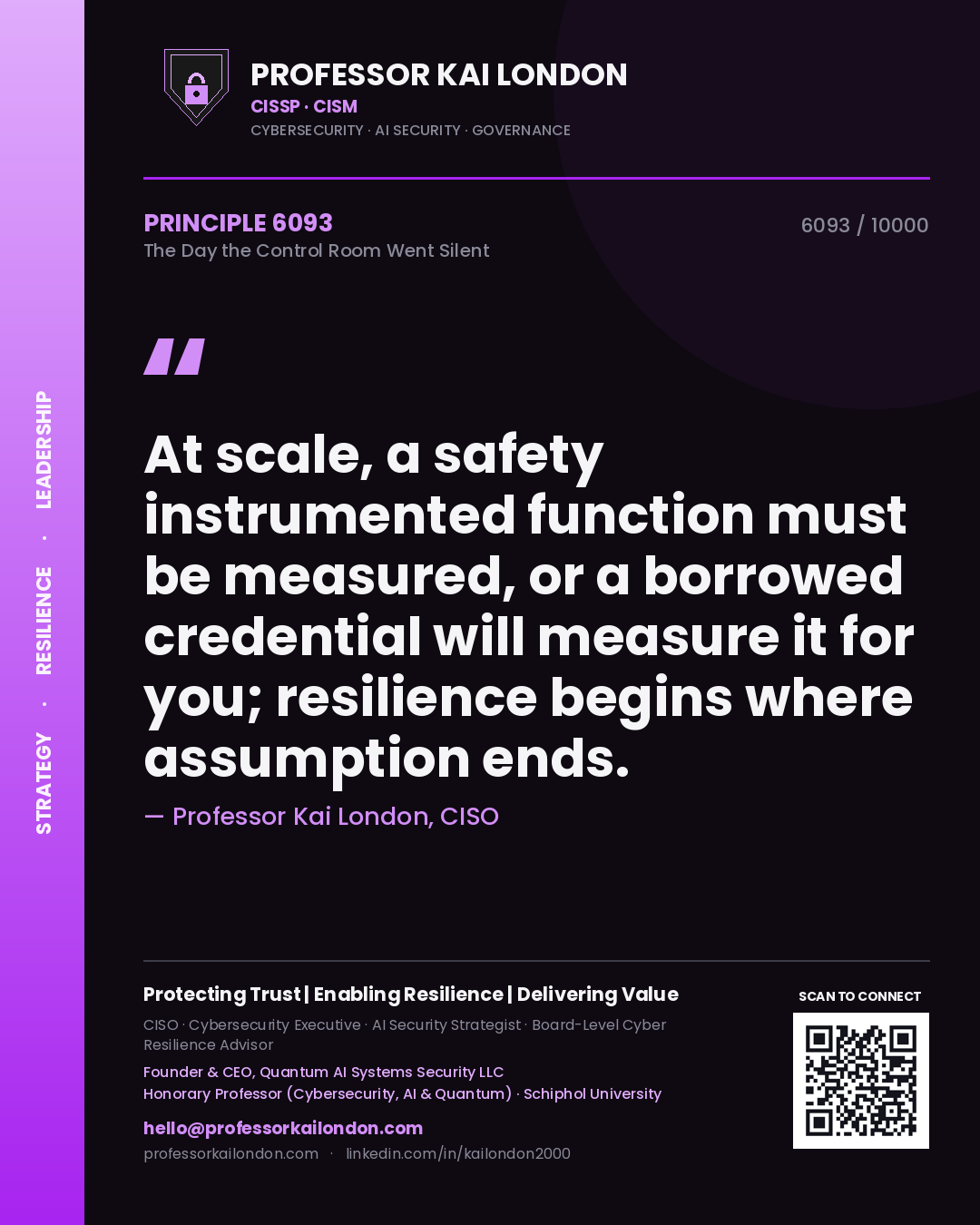 Quote card by Professor Kai London reading 'At scale, a safety instrumented function must be measured, or a borrowed credential will measure it for you; resilience begins where assumption ends.'. From the book The Day the Control Room Went Silent.