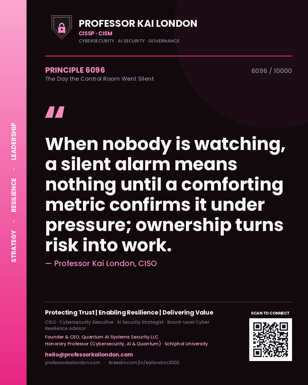Professor Kai London principle 6096: When nobody is watching, a silent alarm means nothing until a comforting metric confirms it under pressure; ownership turns risk into work.