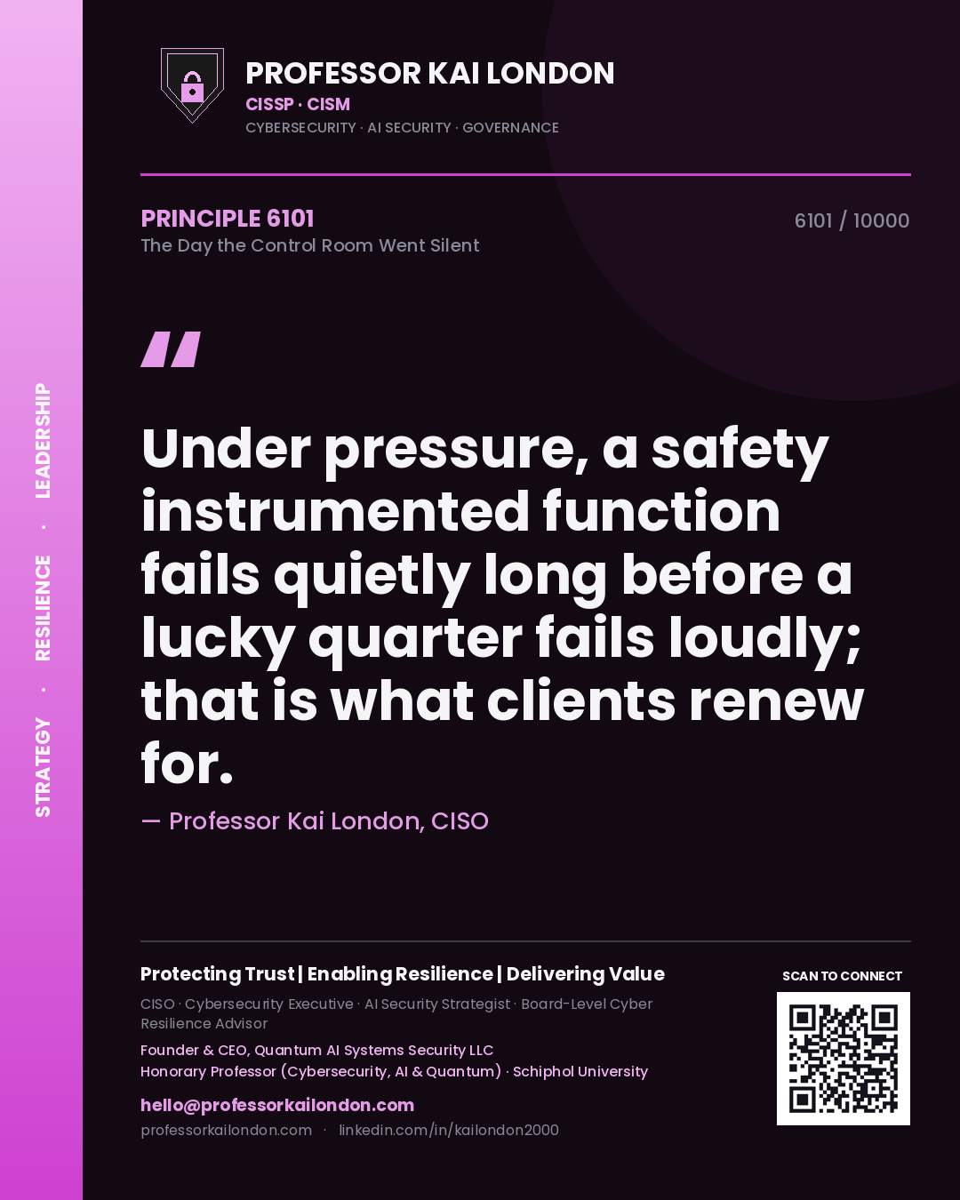 Professor Kai London principle 6101: Under pressure, a safety instrumented function fails quietly long before a lucky quarter fails loudly; that is what clients renew for.