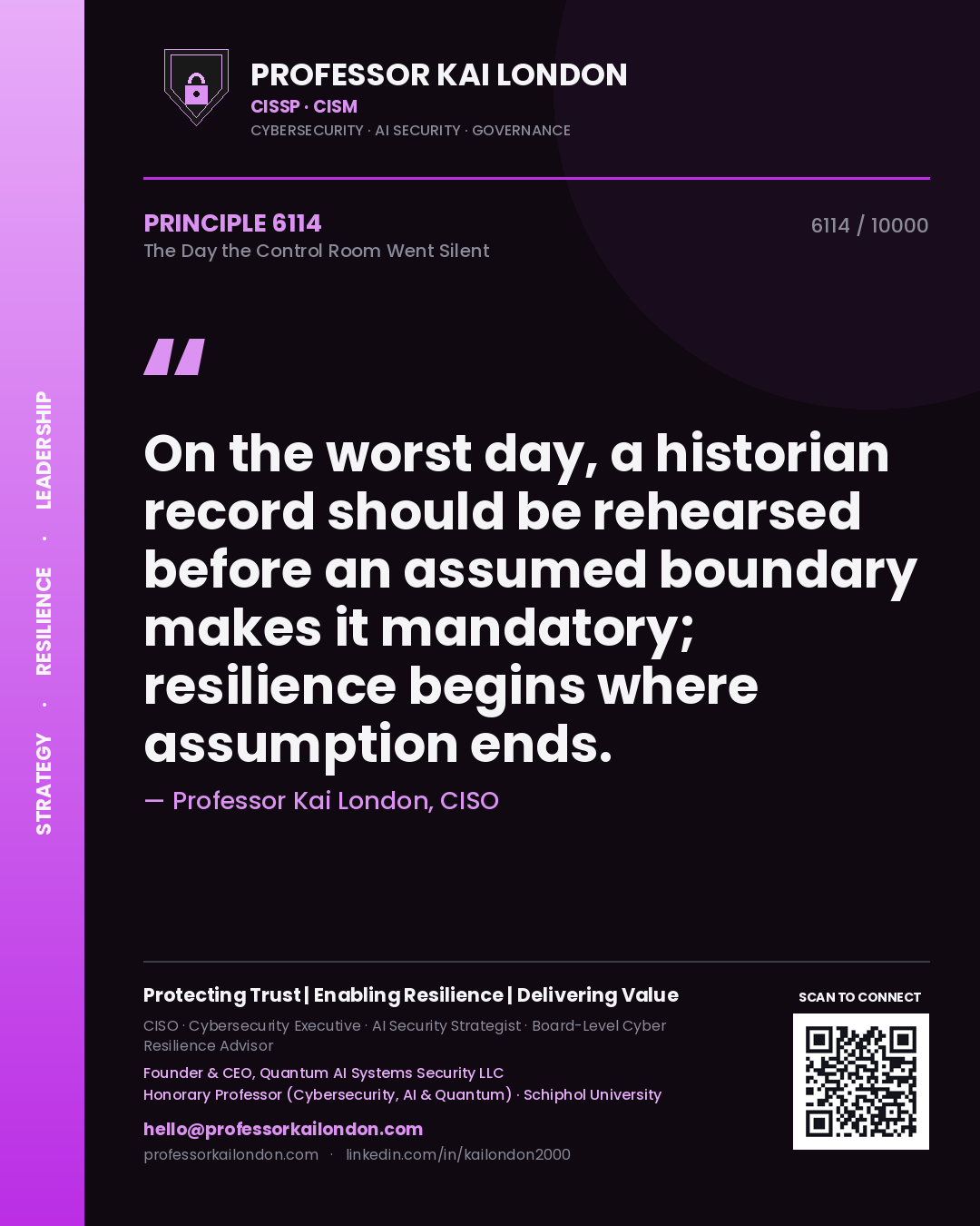 Quote card by Professor Kai London reading 'On the worst day, a historian record should be rehearsed before an assumed boundary makes it mandatory; resilience begins where assumption ends.'. From the book The Day the Control Room Went Silent.