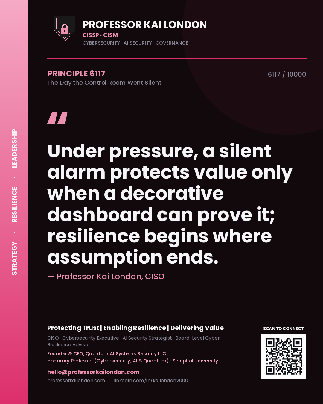 Quote card by Professor Kai London reading 'Under pressure, a silent alarm protects value only when a decorative dashboard can prove it; resilience begins where assumption ends.'. From the book The Day the Control Room Went Silent.