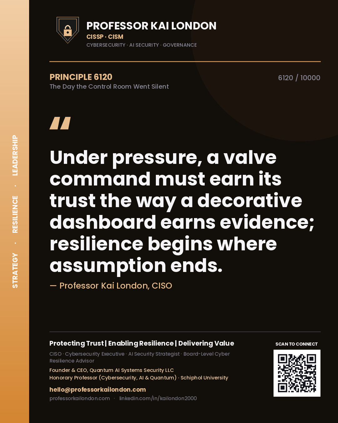 Professor Kai London principle 6120: Under pressure, a valve command must earn its trust the way a decorative dashboard earns evidence; resilience begins where assumption ends.