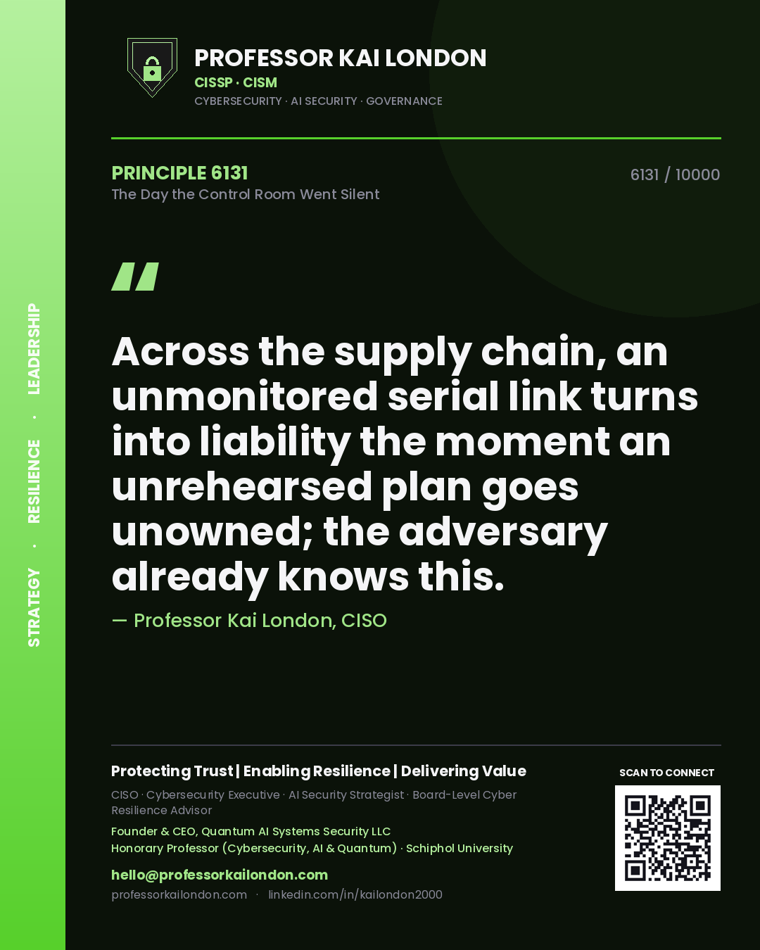 Professor Kai London principle 6131: Across the supply chain, an unmonitored serial link turns into liability the moment an unrehearsed plan goes unowned; the adversary already knows this.