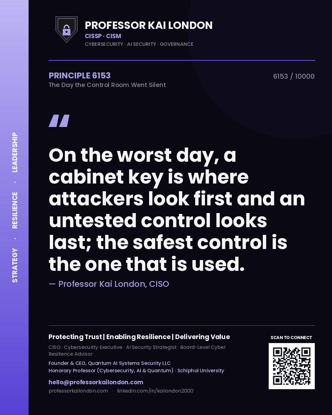 Professor Kai London principle 6153: On the worst day, a cabinet key is where attackers look first and an untested control looks last; the safest control is the one that is used.