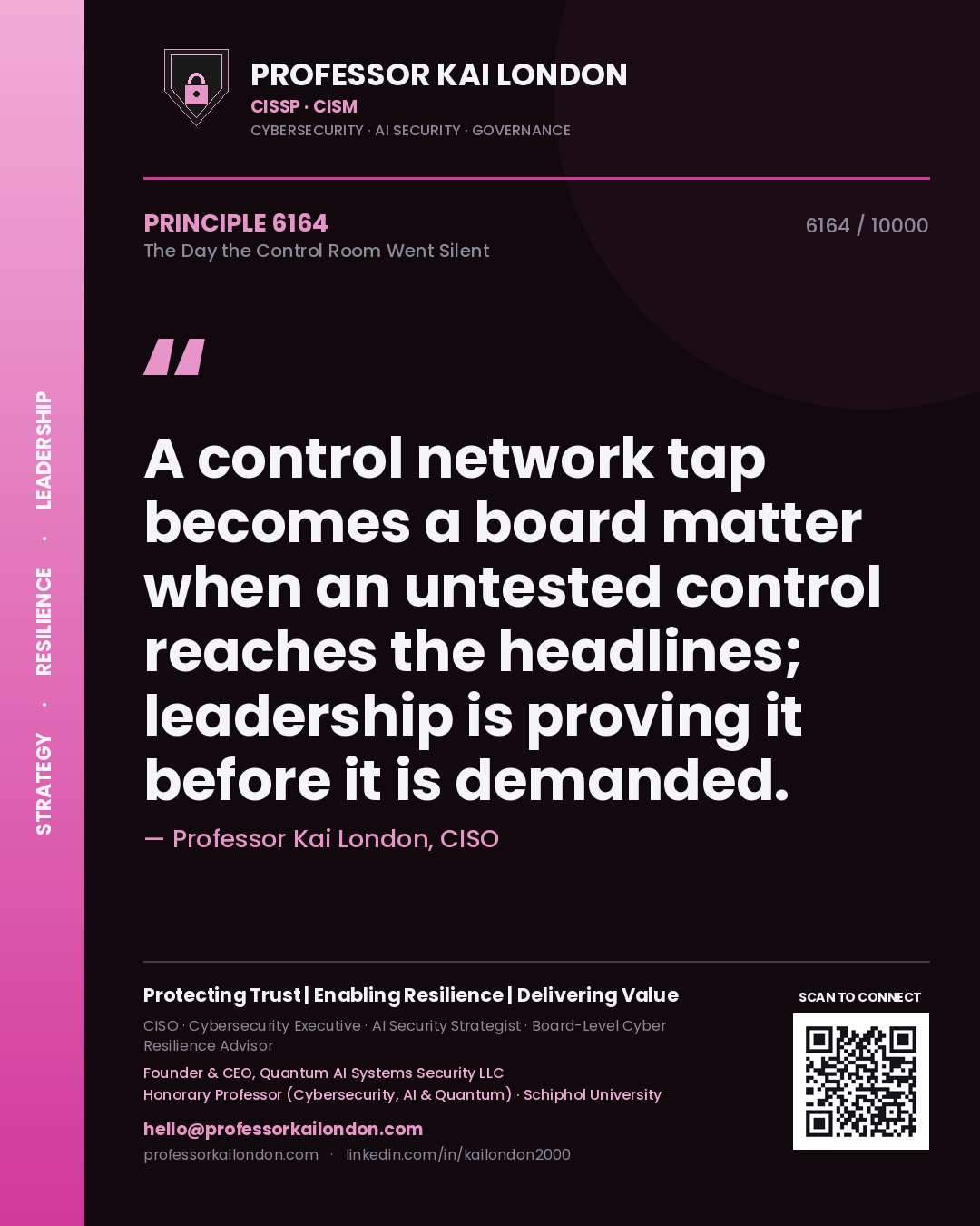 Professor Kai London principle 6164: A control network tap becomes a board matter when an untested control reaches the headlines; leadership is proving it before it is demanded.