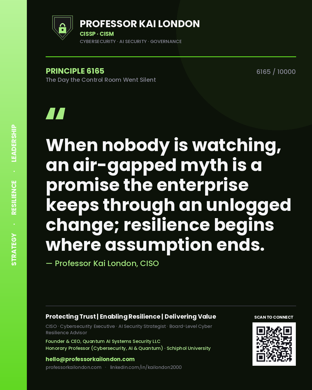 Professor Kai London principle 6165: When nobody is watching, an air-gapped myth is a promise the enterprise keeps through an unlogged change; resilience begins where assumption ends.