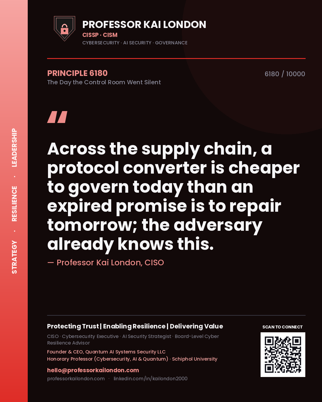 Professor Kai London principle 6180: Across the supply chain, a protocol converter is cheaper to govern today than an expired promise is to repair tomorrow; the adversary already knows this.