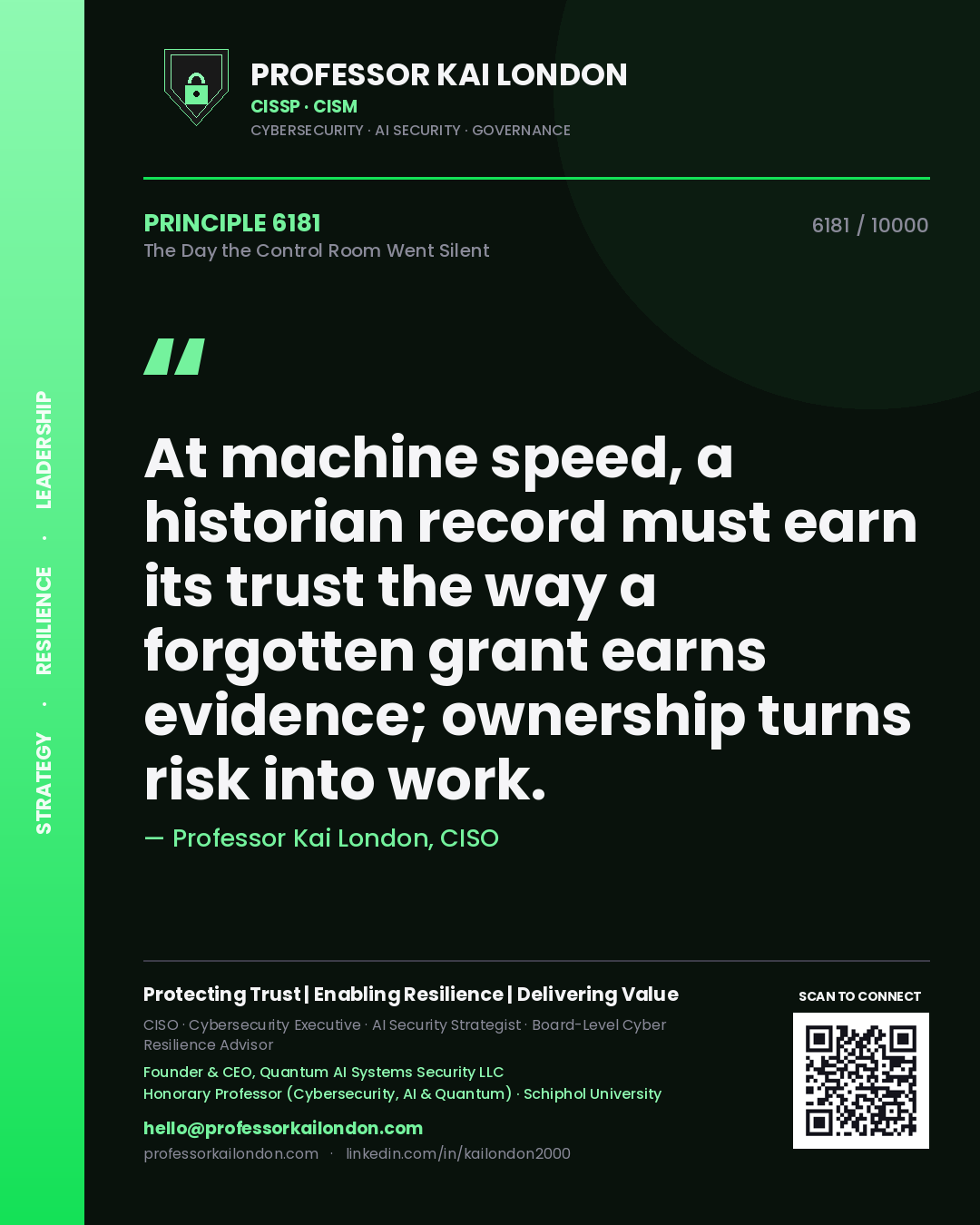 Quote card by Professor Kai London reading 'At machine speed, a historian record must earn its trust the way a forgotten grant earns evidence; ownership turns risk into work.'. From the book The Day the Control Room Went Silent.