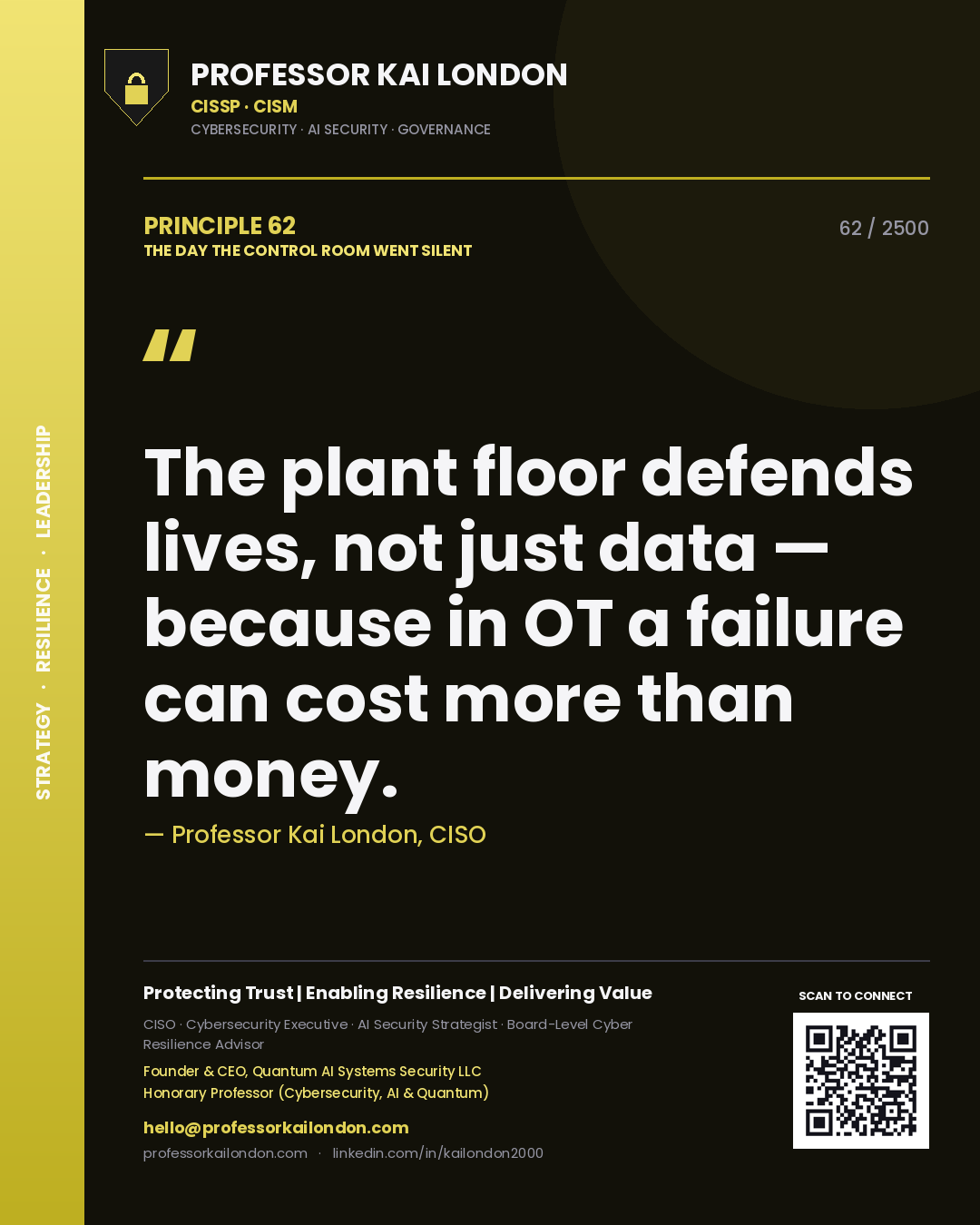 Professor Kai London principle 62: The plant floor defends lives, not just data — because in OT a failure can cost more than money.