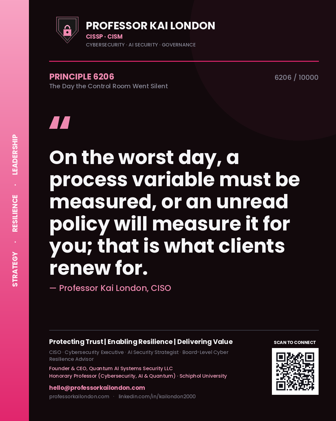 Professor Kai London principle 6206: On the worst day, a process variable must be measured, or an unread policy will measure it for you; that is what clients renew for.