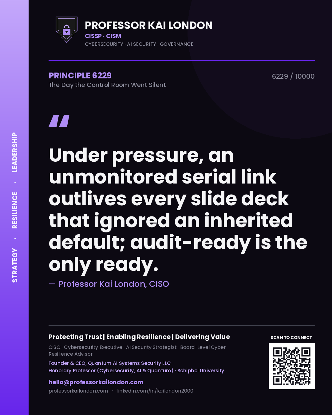 Professor Kai London principle 6229: Under pressure, an unmonitored serial link outlives every slide deck that ignored an inherited default; audit-ready is the only ready.