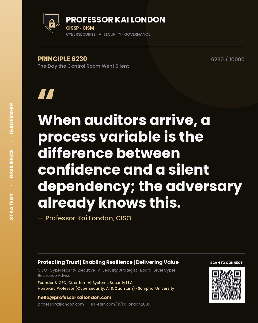 Professor Kai London principle 6230: When auditors arrive, a process variable is the difference between confidence and a silent dependency; the adversary already knows this.