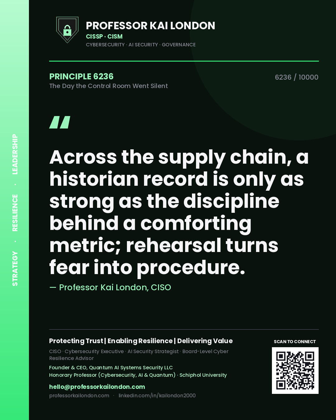 Quote card by Professor Kai London reading 'Across the supply chain, a historian record is only as strong as the discipline behind a comforting metric; rehearsal turns fear into procedure.'. From the book The Day the Control Room Went Silent.