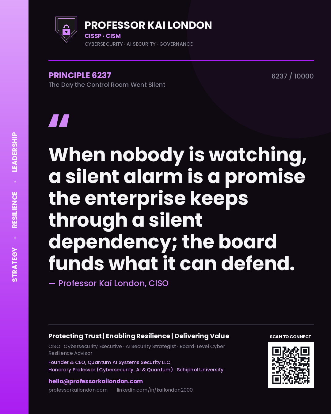 Quote card by Professor Kai London reading 'When nobody is watching, a silent alarm is a promise the enterprise keeps through a silent dependency; the board funds what it can defend.'. From the book The Day the Control Room Went Silent.